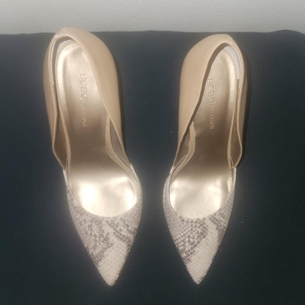 BCBGeneration nude snake-print d'orsay pointed-toe high heels. Size 8.5